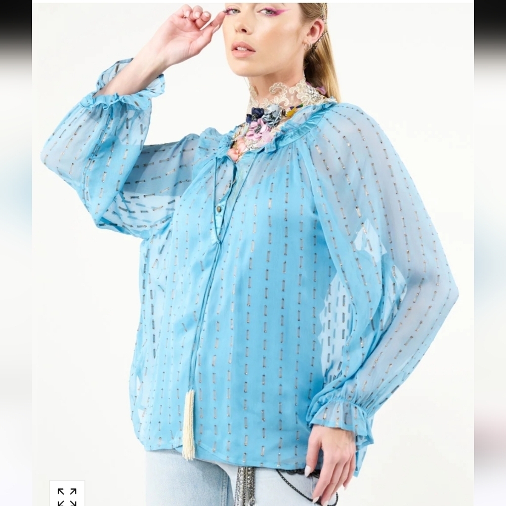 Aratta Silent Journey Maven Blouse Blue Gold Metallic Flowey Blouse Medium New!